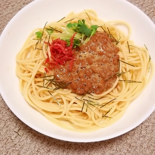 かいわれ大根と干し小エビの納豆パスタ★ポン酢風味